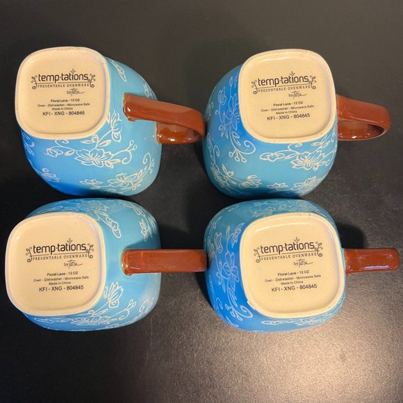 Set of 4 Temp-Tations by Tara ~ Aqua Square Mugs w/ White Floral Lace Pattern - Picture 4 of 12